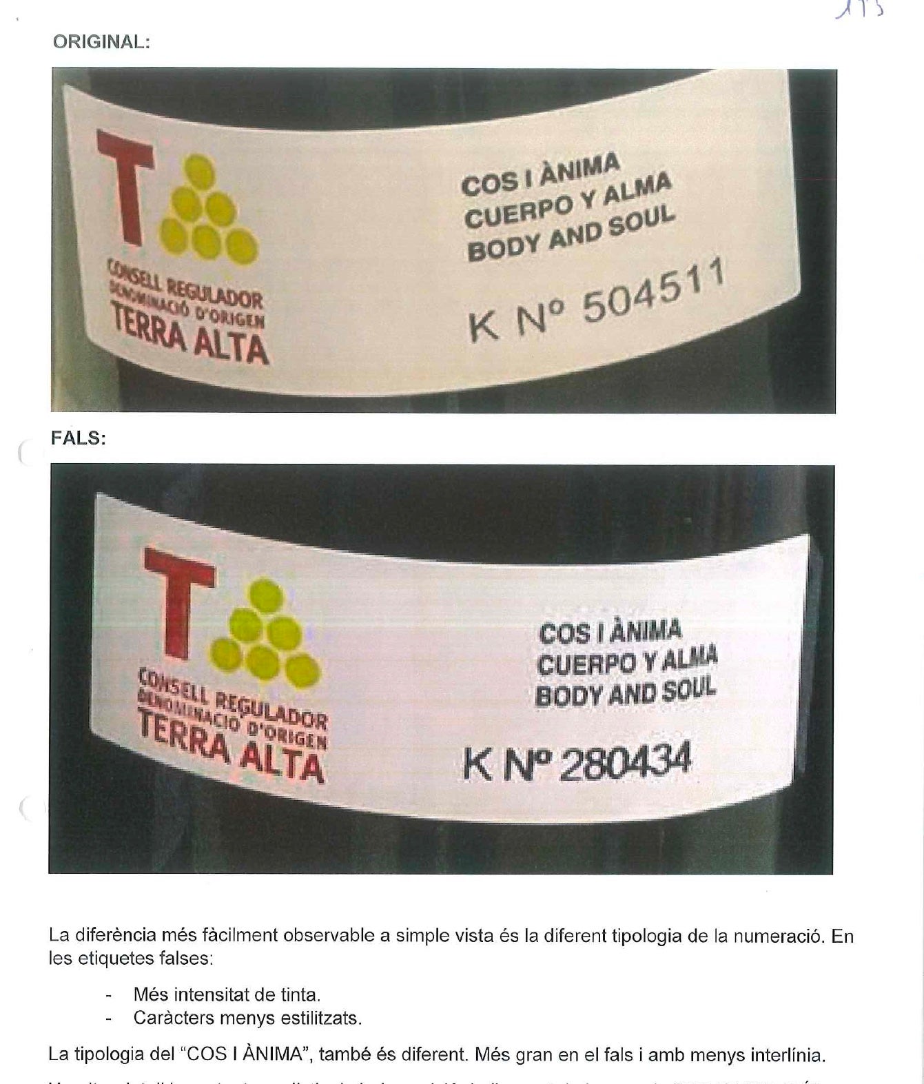 Diferències entre les etiquetes de Terra Alta detectades pels investigadors del cas Reserva de la Tierra/Quico Sallés