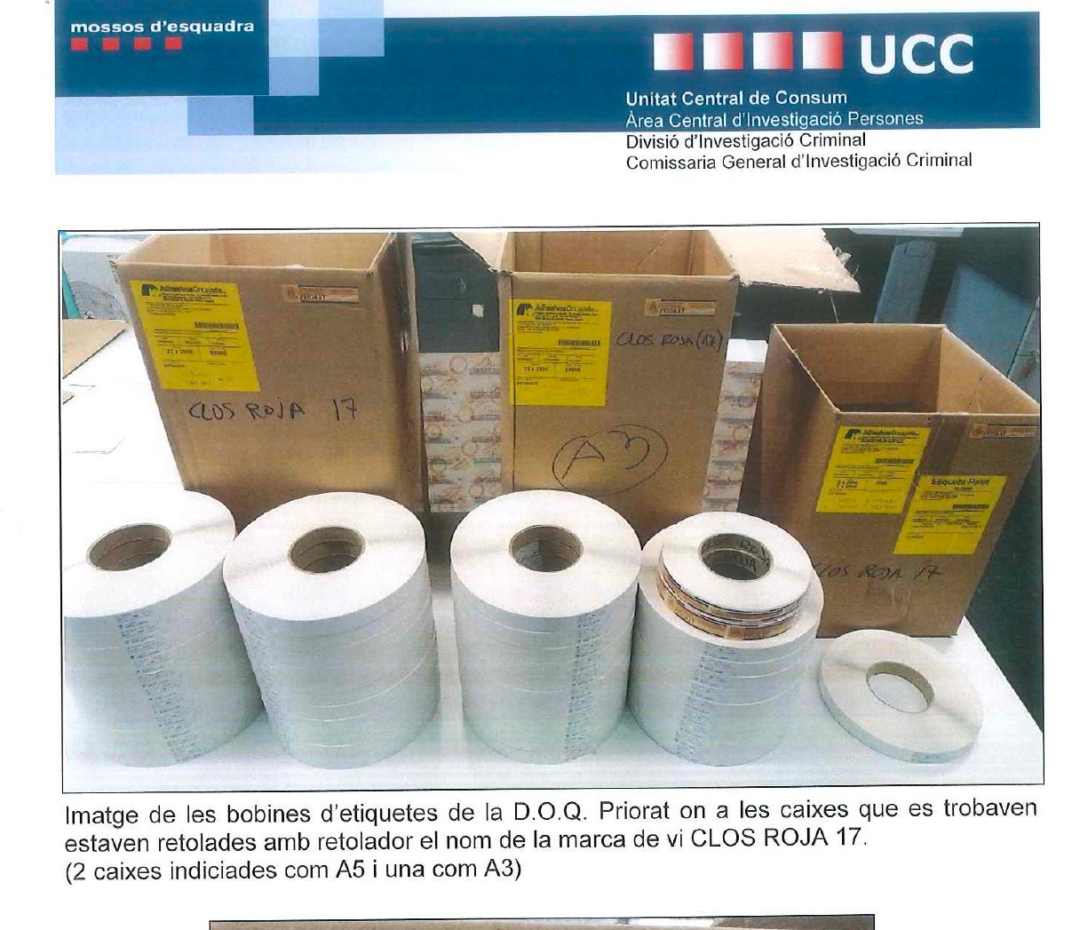 Etiquetes confiscades pels Mossos dels distintius falsos de les diferents denominacions d'origen, en aquest cas del Priorat/Quico Sallés