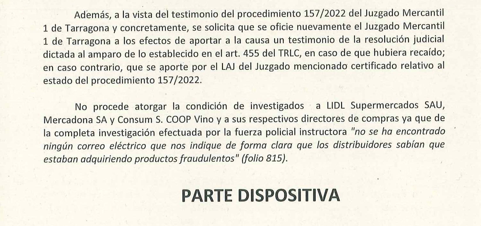 Part de la interlocutòria on rebutja imputar LIDL, Mercadona i Consum/QS