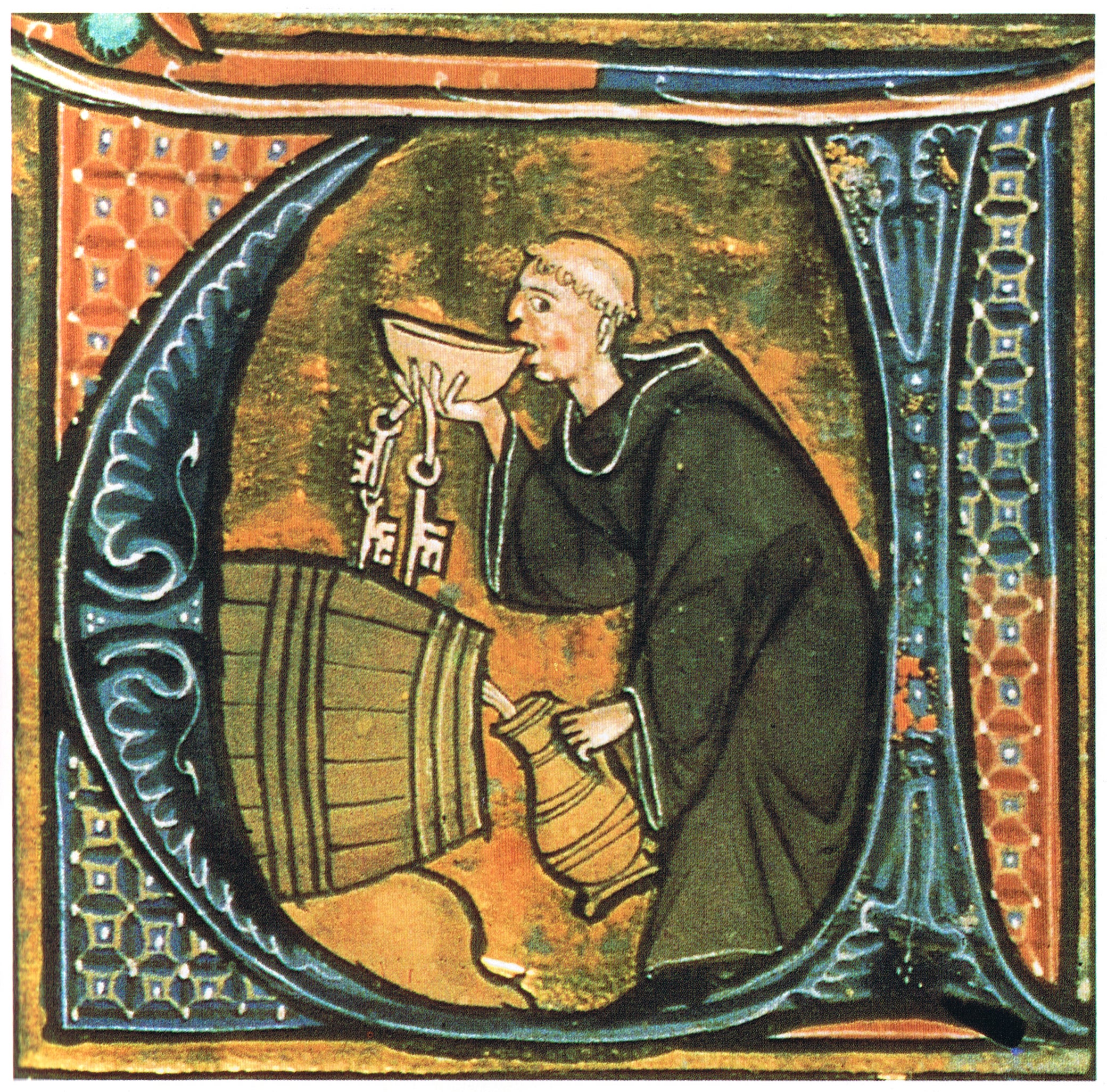 Bevent vi amb les claus de celler a la mà | Li livres dou santé, Aldobrandino de Siena, s XIII, Wikipedia 