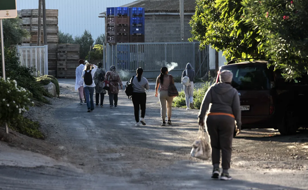 Imatge d'algunes dones treballadores del camp entrant a una de les fàbriques a treballar / Mireia Comas