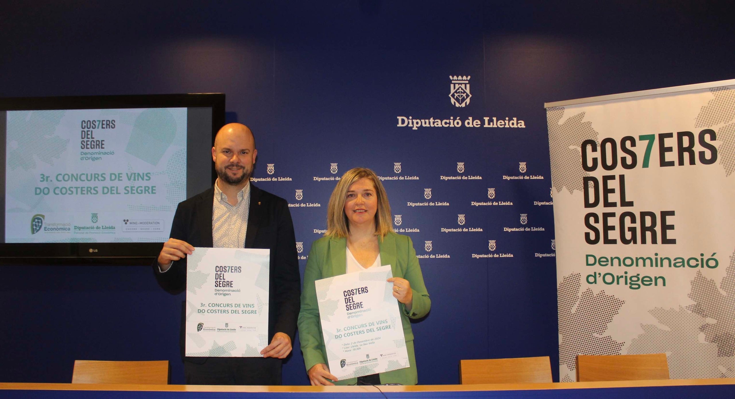 La gerenta de la DO Costers del Segre, Núria Balagué; i el vicepresident del Patronat de Promoció Econòmica de la Diputació de Lleida, Jordi Verdú / Costers del Segre