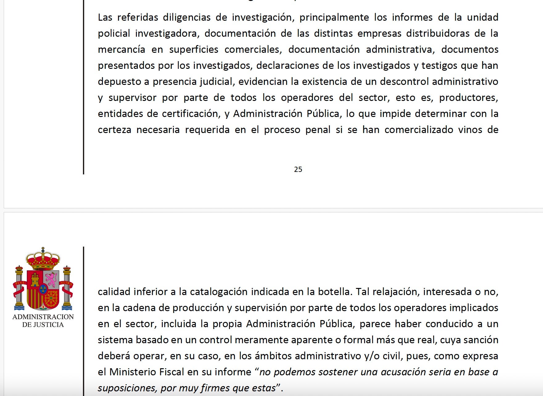 Parte del auto del juez Calama sobre el archivo de la DO Valdepeñas