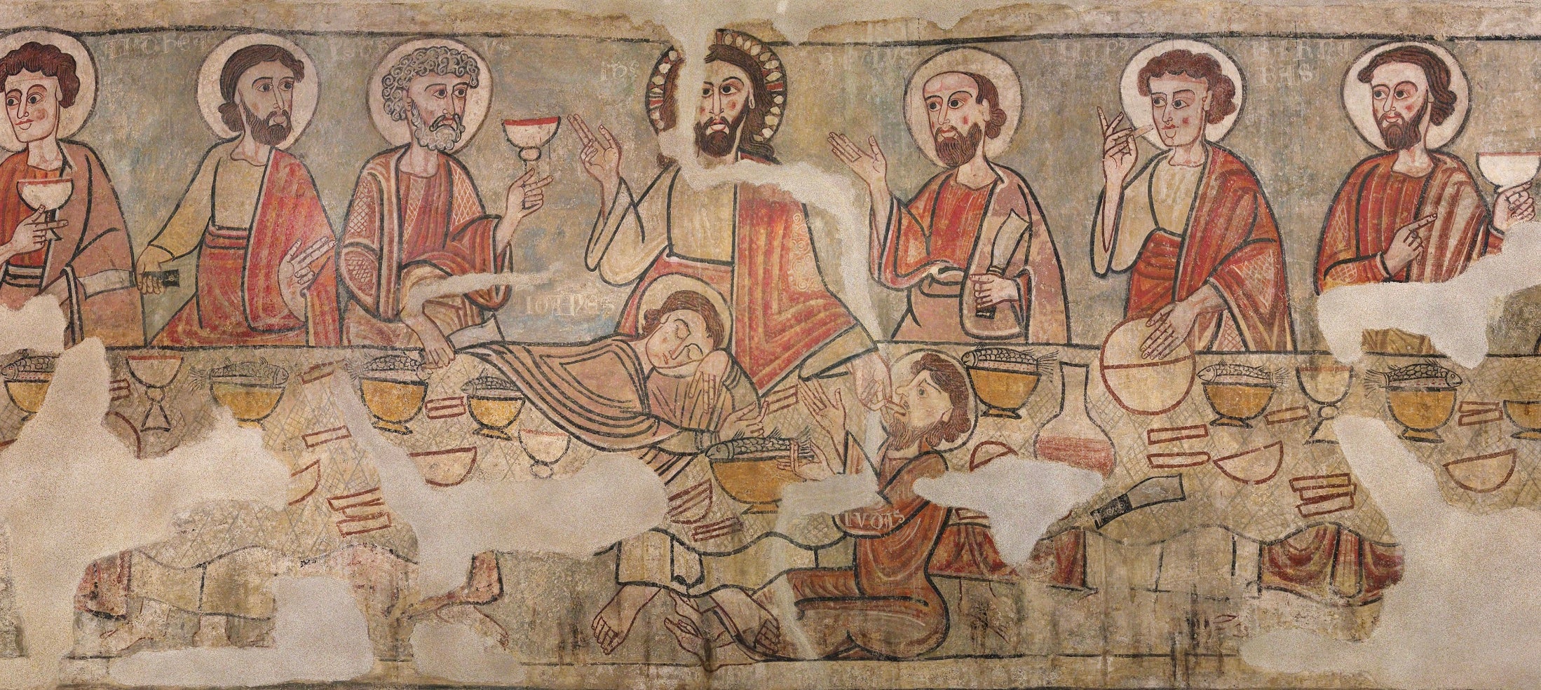 Fragmento de pintura mural con la escena de la Última Cena decoraba originalmente la parte inferior de la capilla de santa Catalina de la Catedral de Santa María de la Seu d'Urgell donde Jesús recibe la copa de San Pedro/Museo Episcopal de Vic