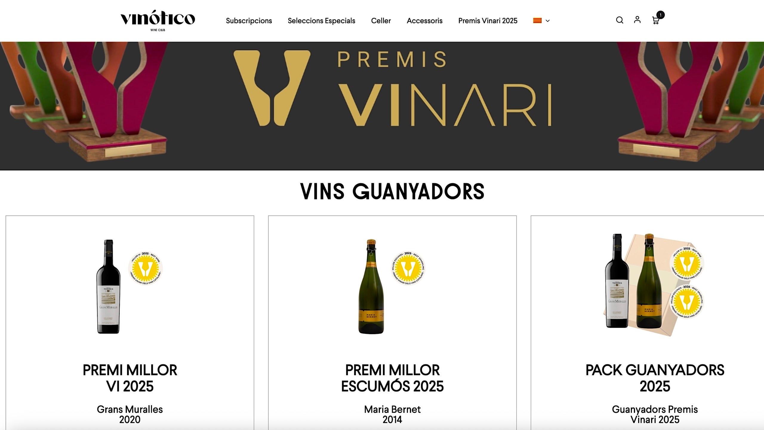Portada de l'apartat de la botiga en línia Vinótico que ofereix els vins guardonats en els Premis Vinari 2025