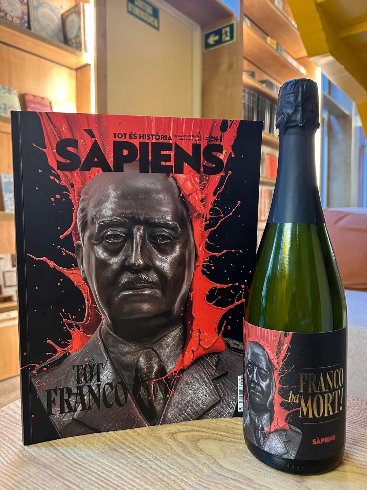 Imatge del monogràfic de Franco per celebrar els cinquanta anys de la seva mort de la revista Sàpiens, juntament amb el cava commemoratiu de la publicació / Cedida