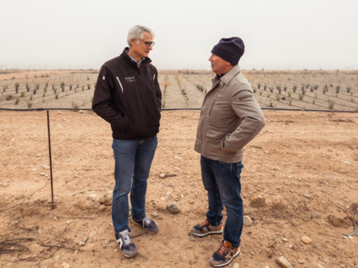 Joan Esteve, director de Raimat i Joan Garcia, catedràtic del departament d’Enginyeria Civil i Ambiental de la UPC a la depuradora natural de Raimat / Cedida
