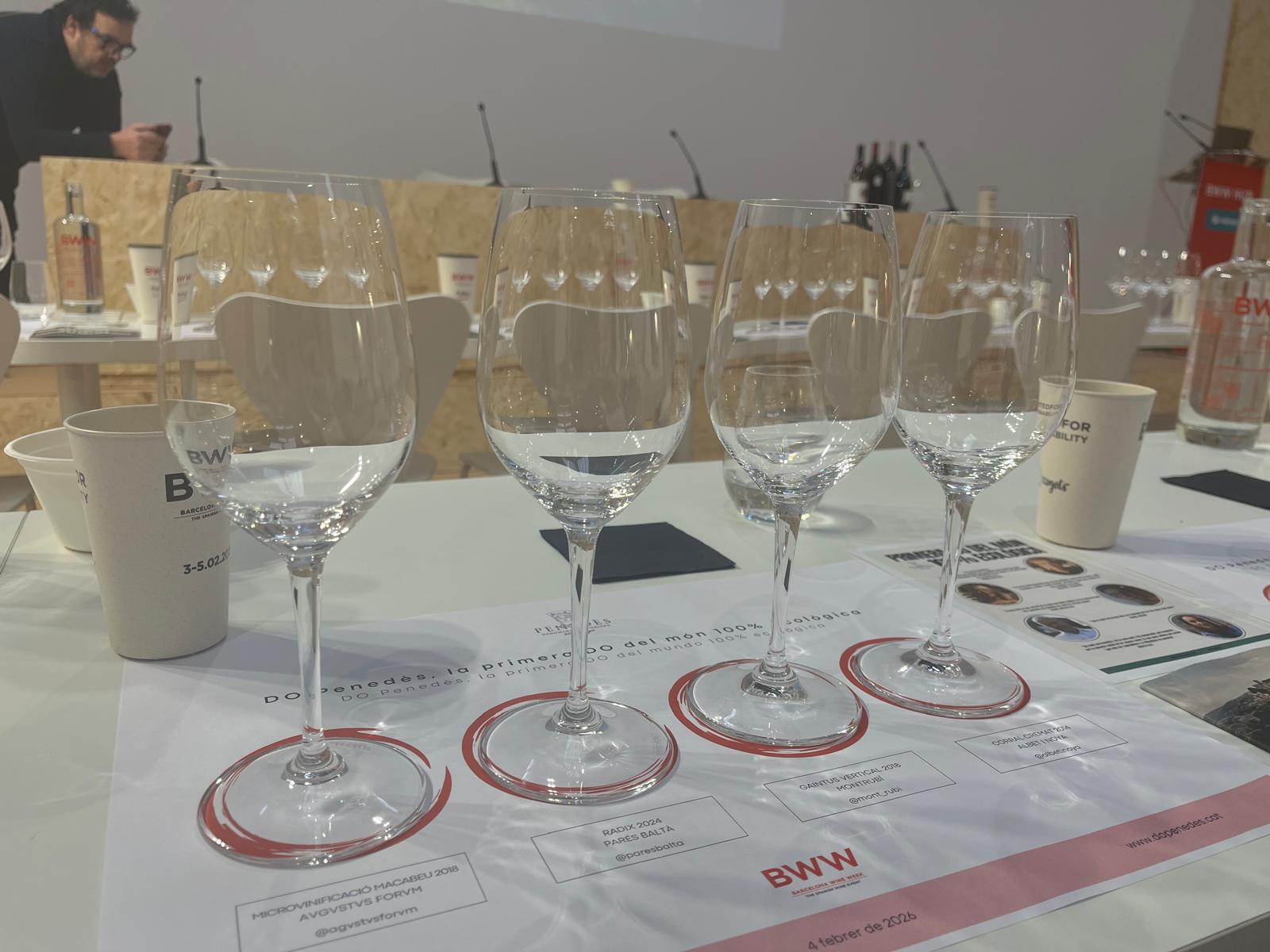 Quatre copes durant el tast de la DO Penedès en el marc de la Barcelona Wine Week / J.C.