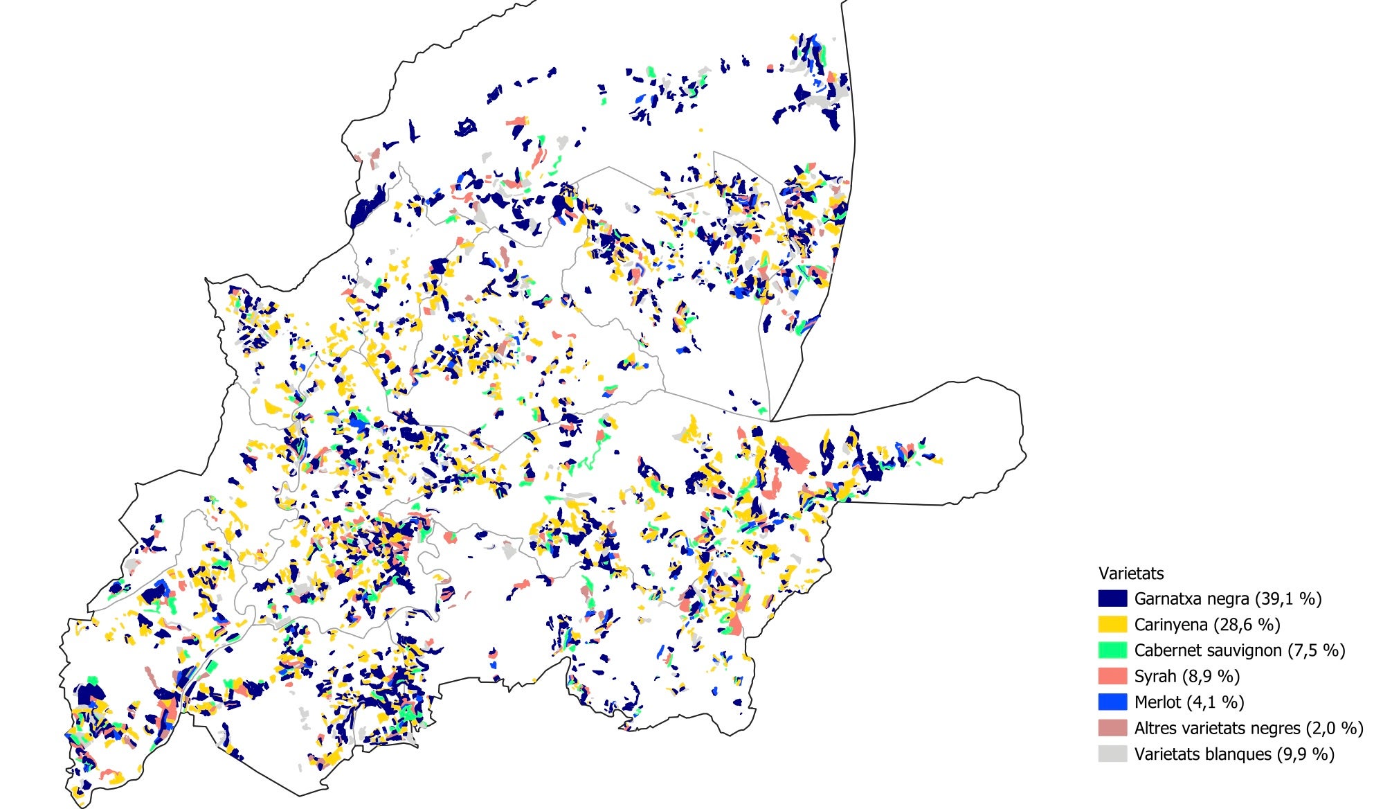 Distribució de les vinyes de varietats negres de raïm a la DOQ Prioritat, un dels mapes de l'Atles de Varietats de Vinya de Catalunya, publicat per l'Incavi